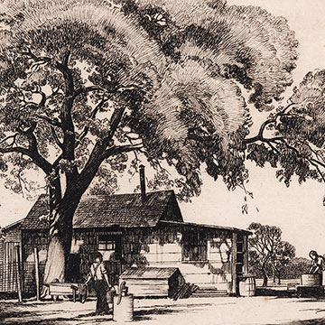 detailed black and white drawing depicting a small house and a large tree with two figures working in the yard 